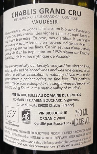 Domaine l’enclos 2022 Chablis Grand Cru Vaudesir AOC
