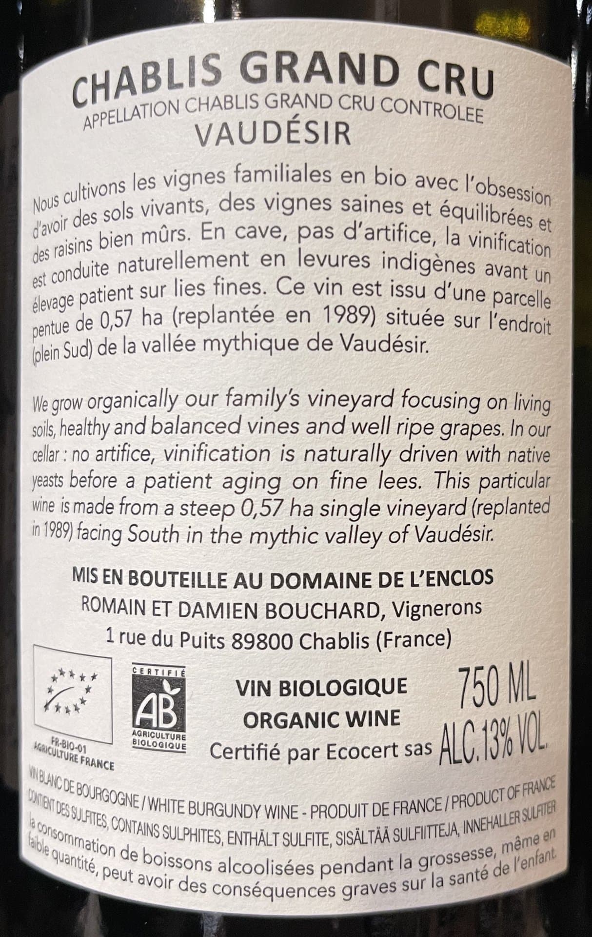 Domaine l’enclos 2022 Chablis Grand Cru Vaudesir AOC